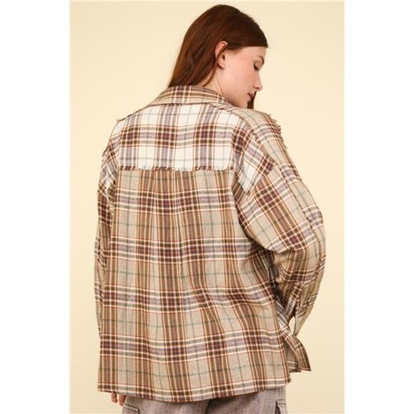 VERY J Contrast Plaid Raw Detail Shirt - Picture 2 of 5